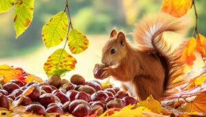 秋の栗とリスのかわいい瞬間