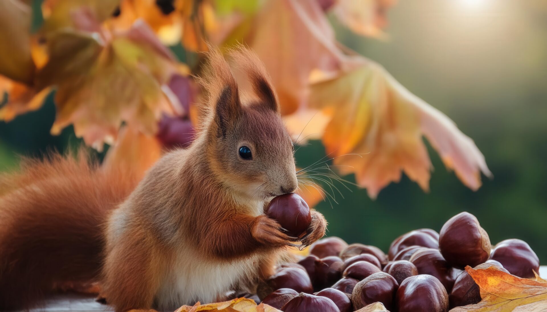 秋の葉の中で栗を食べるリス