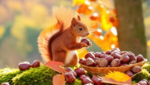 リスと栗の秋の光景