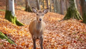 落ち葉の中の静かな鹿
