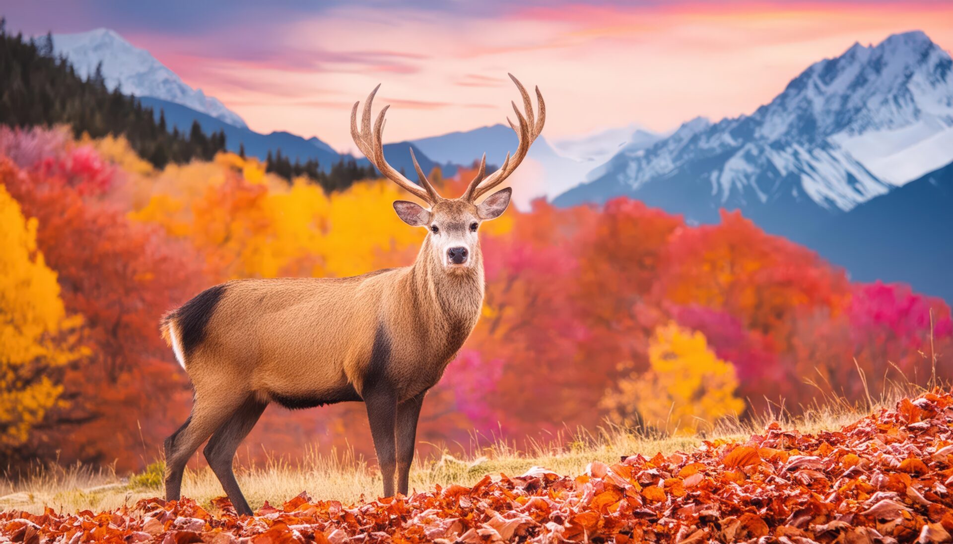 秋の山と鹿の風景