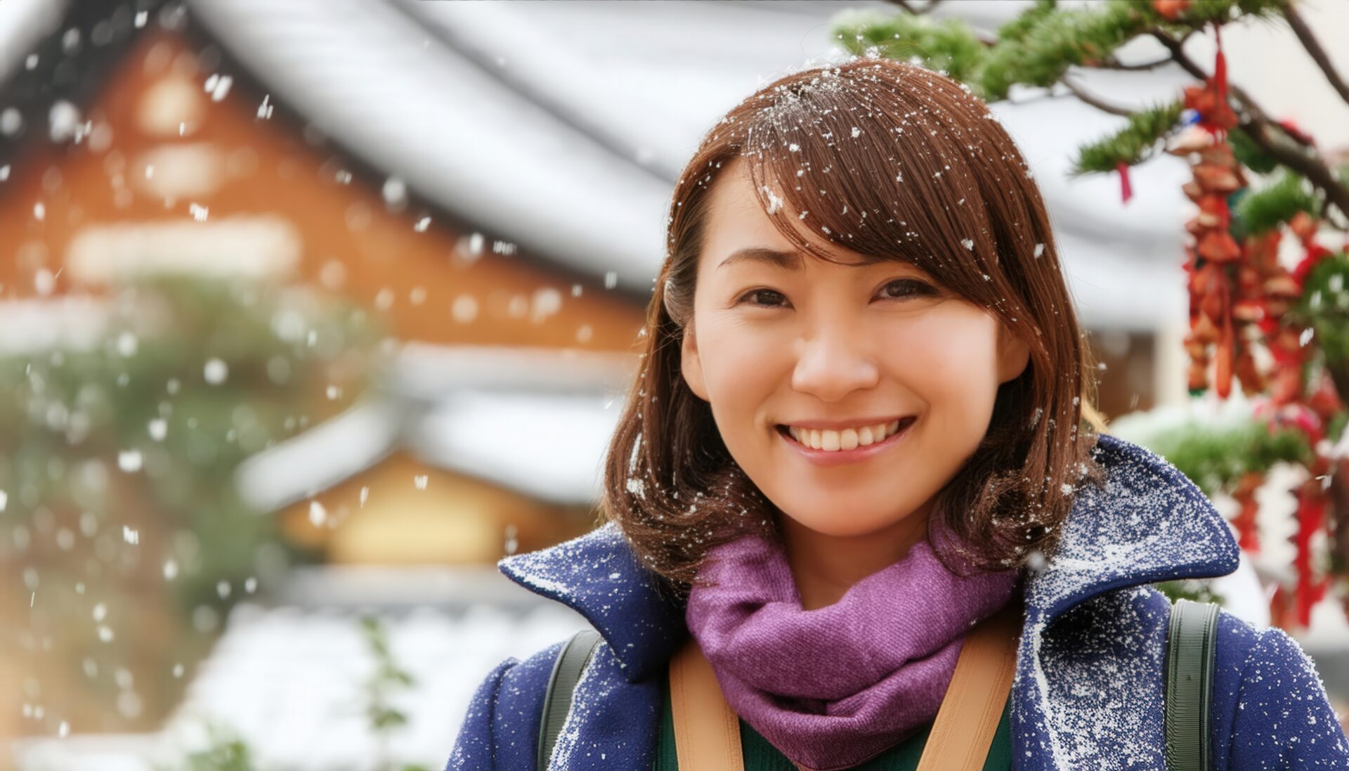 雪景色と笑顔の女性