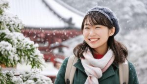 冬の寺院と笑顔の女性