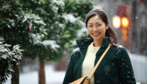 雪の日の街中の笑顔の女性
