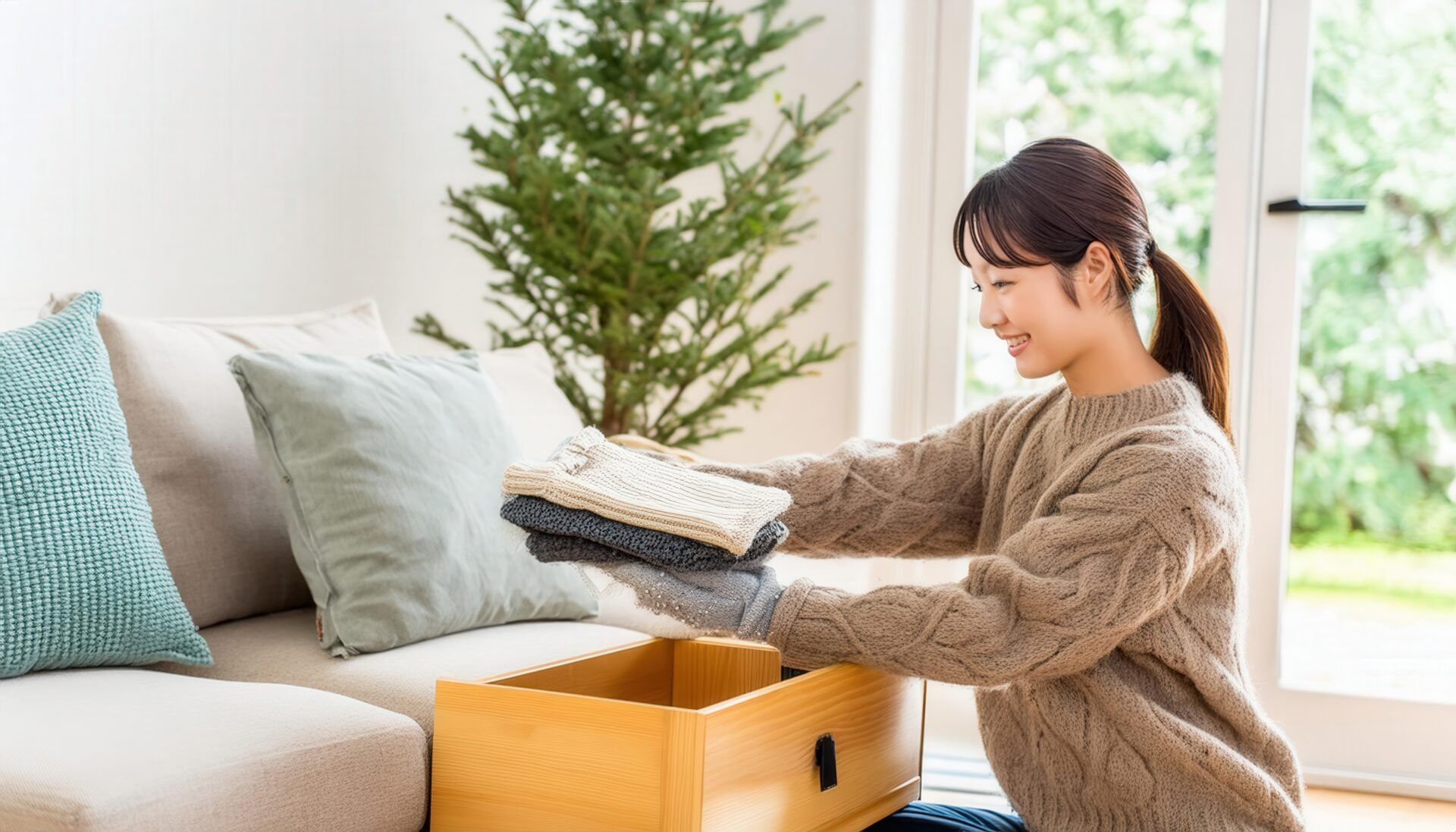 冬の日常と整理整頓する女性