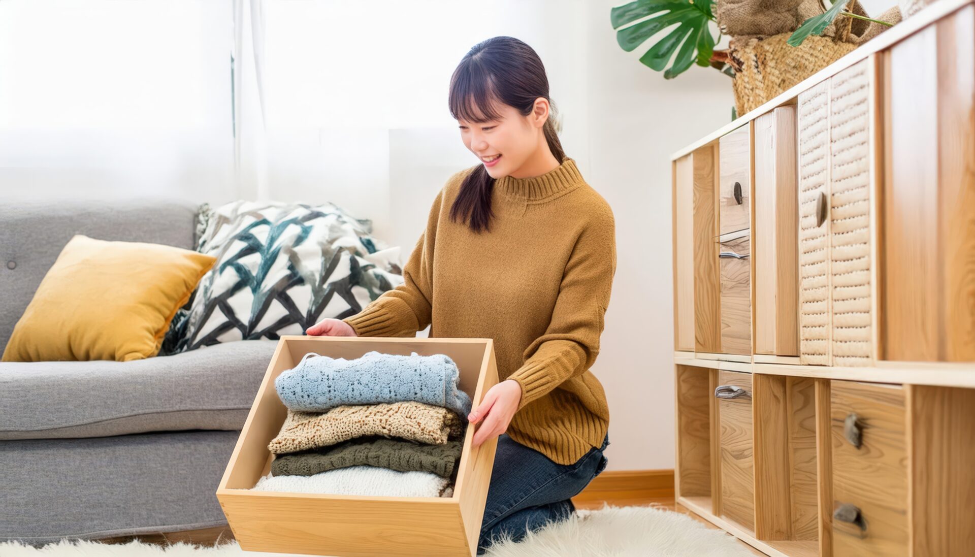 冬の部屋で快適に過ごす女性