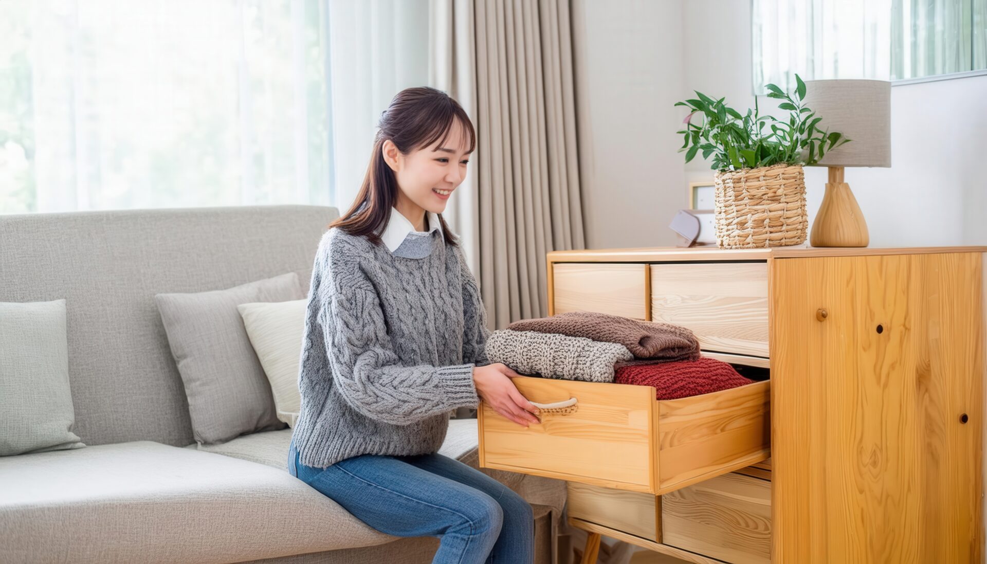 温かい部屋でセーターを整える女性