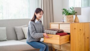 温かい部屋でセーターを整える女性