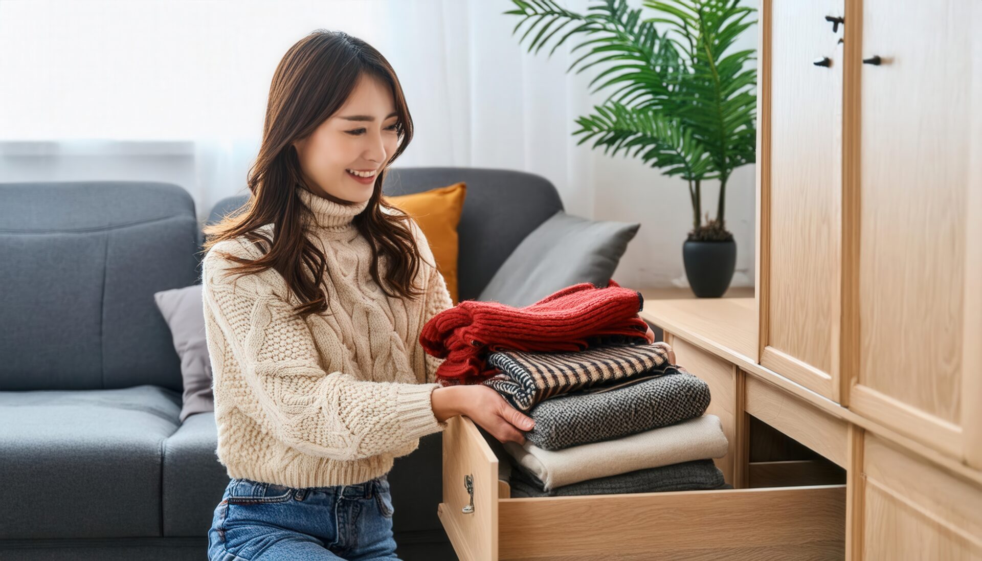 冬支度をする女性