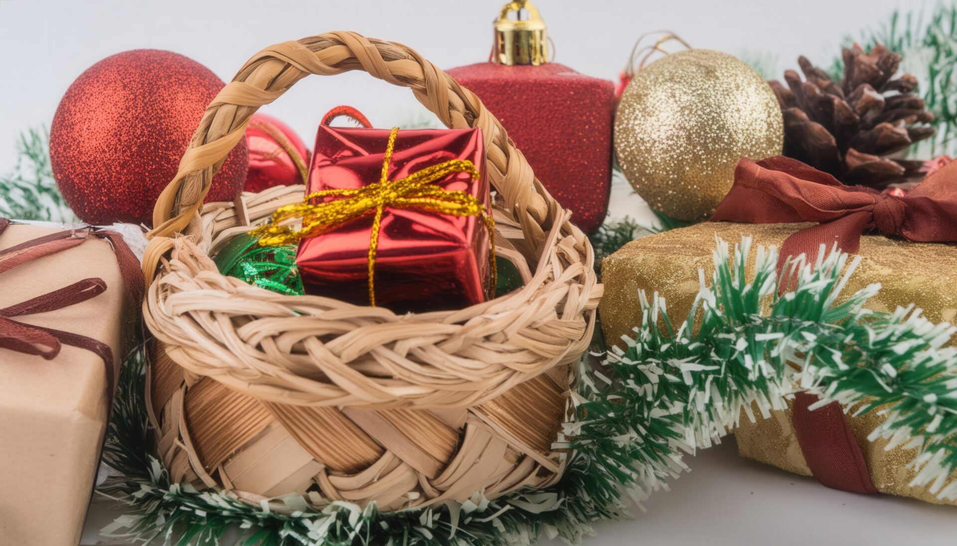 ラッピングされたプレゼントと飾り