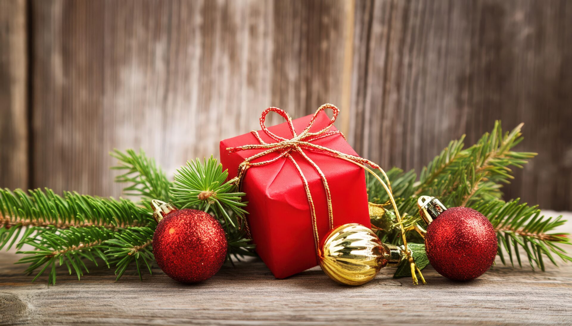 赤いギフトボックスとクリスマス飾り