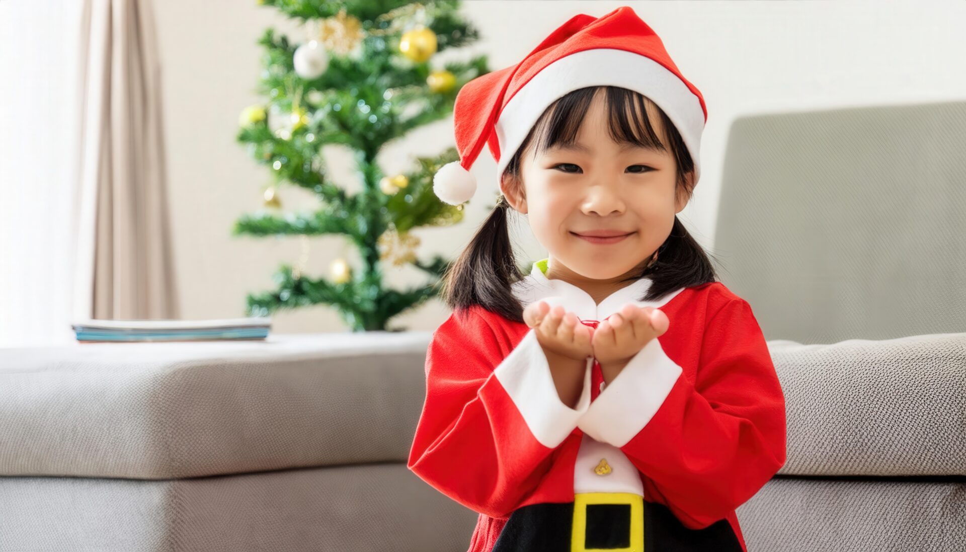 サンタクロースの衣装を着た笑顔の子供（室内・ツリー）