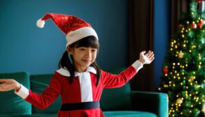 サンタクロース衣装の子供が両手を広げる（室内）