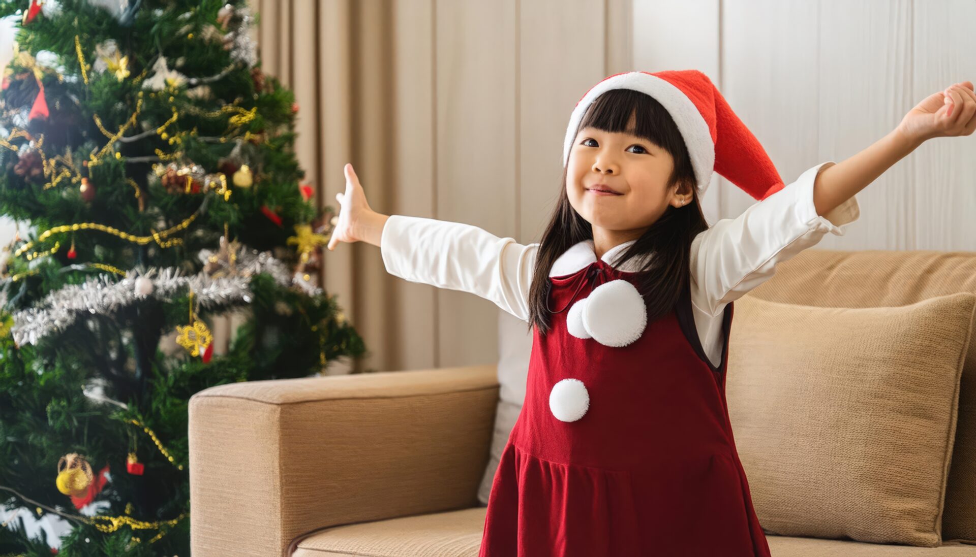 サンタクロース衣装の子供がポーズ（室内・ツリー）