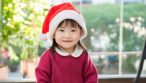 サンタ帽をかぶった笑顔の子供（自然光・室内）