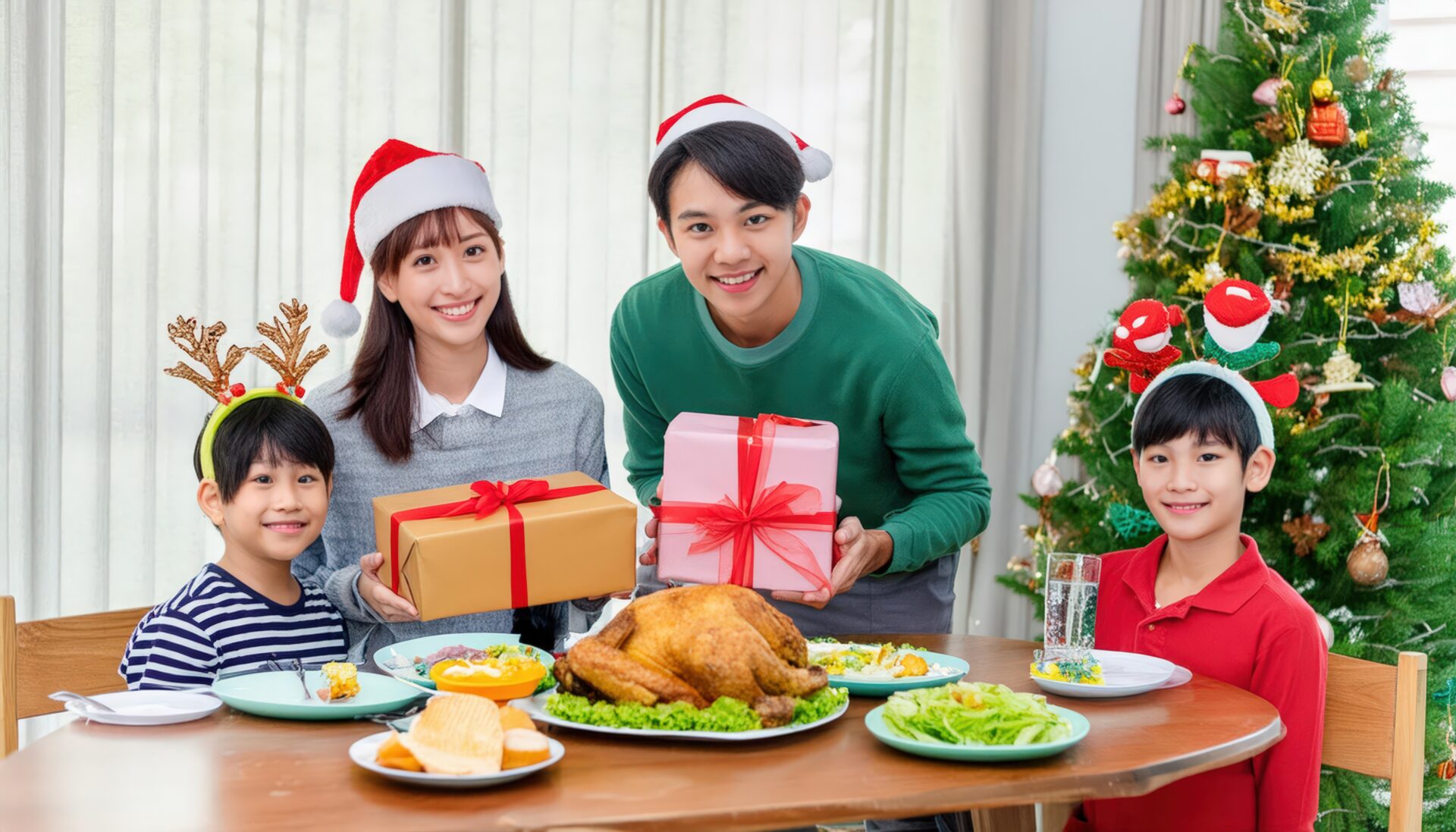 家族がクリスマスディナーを囲む（プレゼントと笑顔）