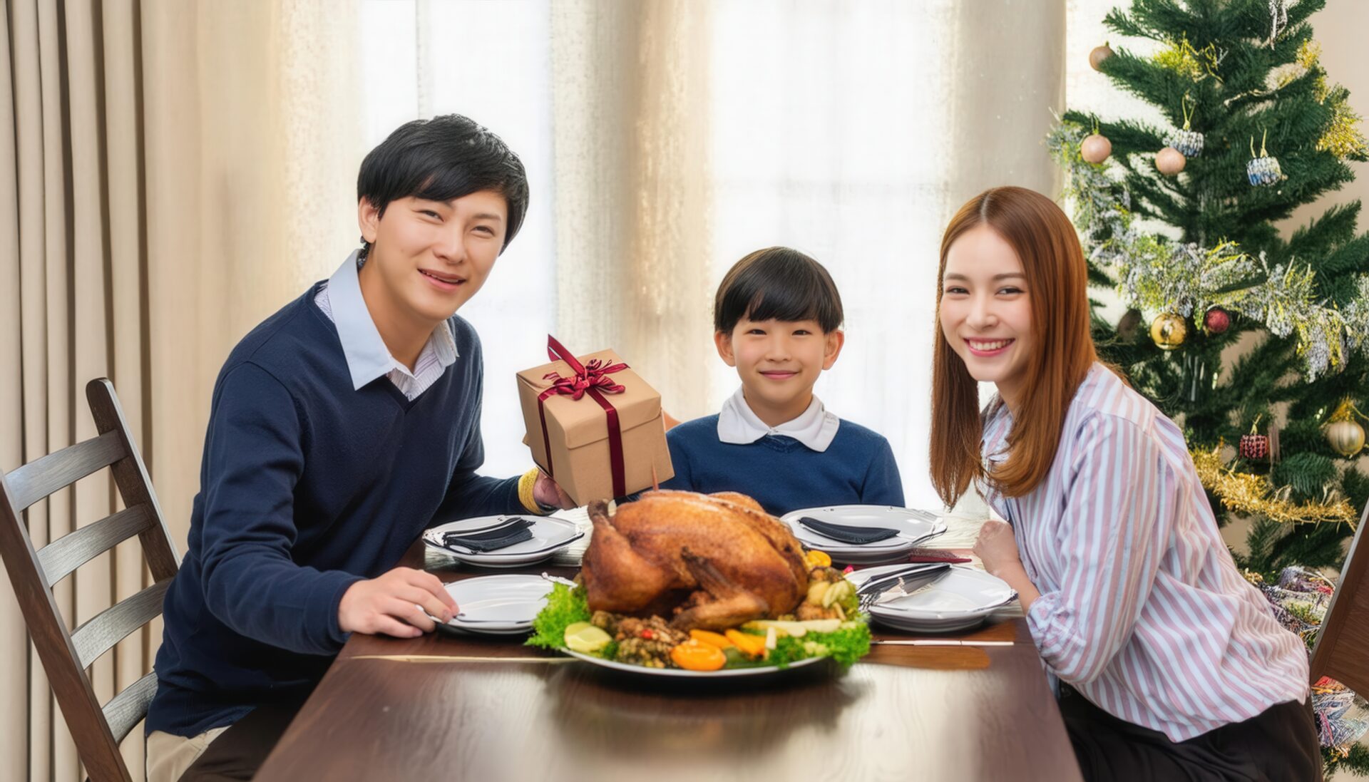 家族がクリスマスの食卓を囲む（プレゼントと子供）