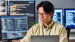 複数のモニターで作業するソフトウェア開発者