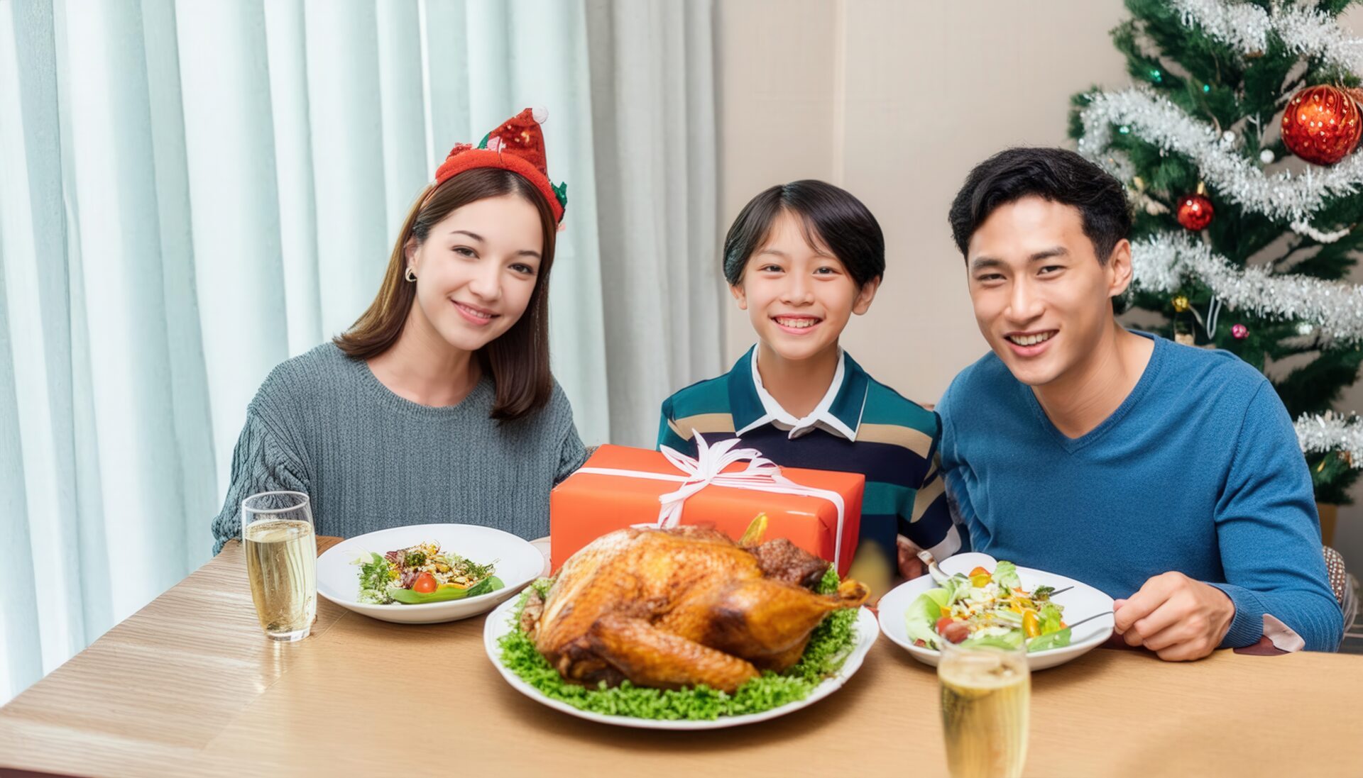 笑顔の家族がクリスマスの食卓でプレゼント交換