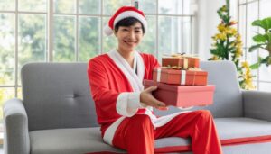サンタ帽をかぶった笑顔の男性がソファでプレゼントを渡す