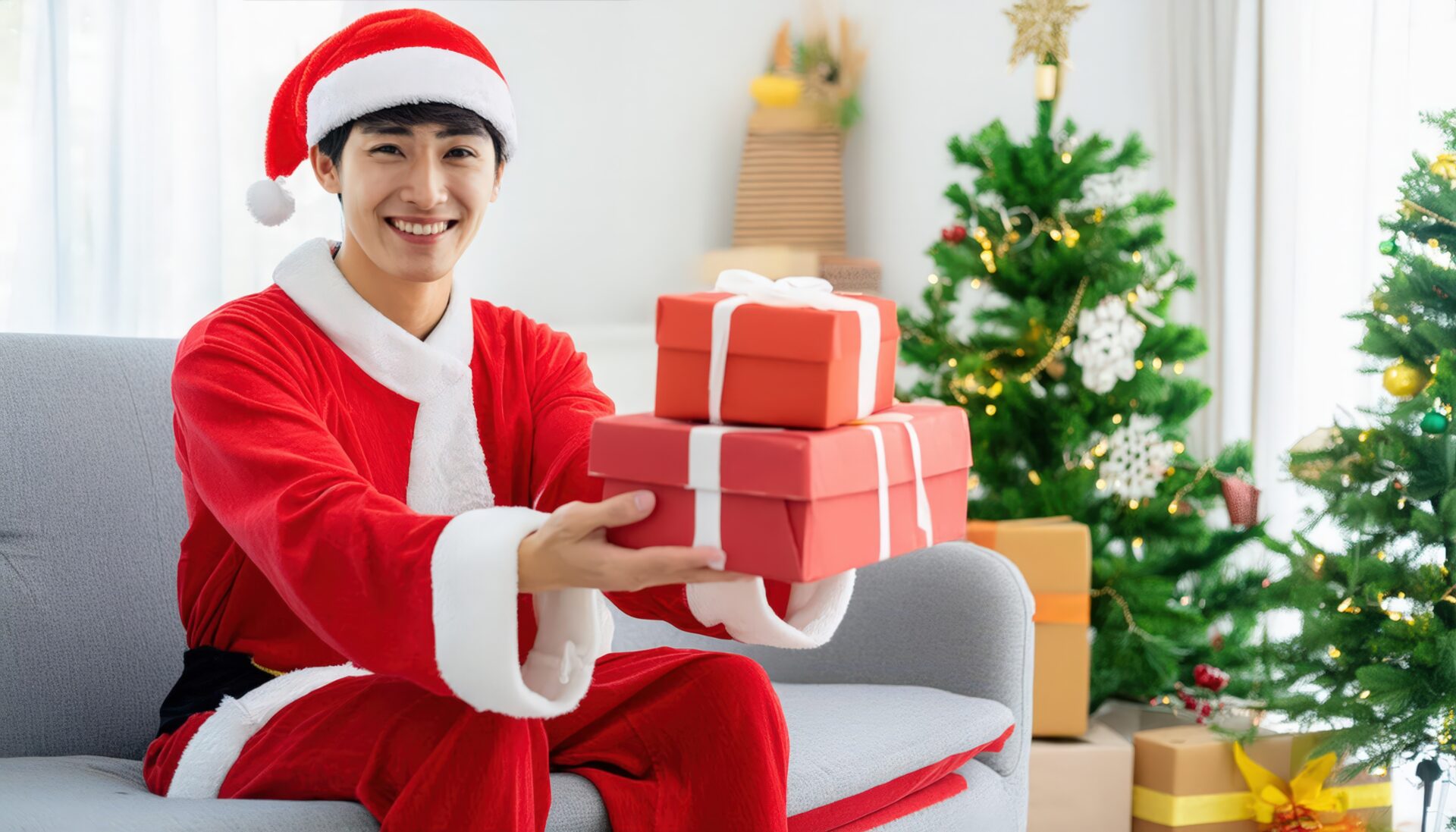 笑顔の男性がクリスマスツリー前でプレゼントを渡す