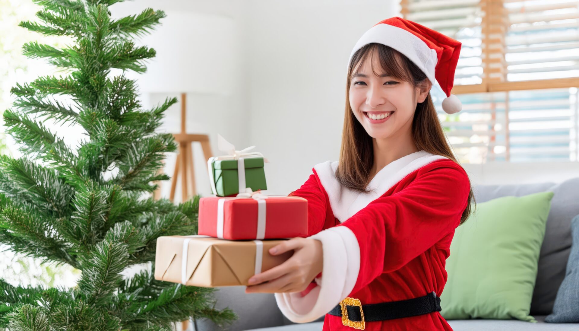 サンタ衣装を着た女性がプレゼントを渡す（クリスマスツリー）