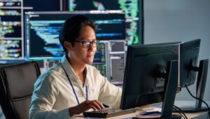 複数画面に囲まれたシステムエンジニアの男性