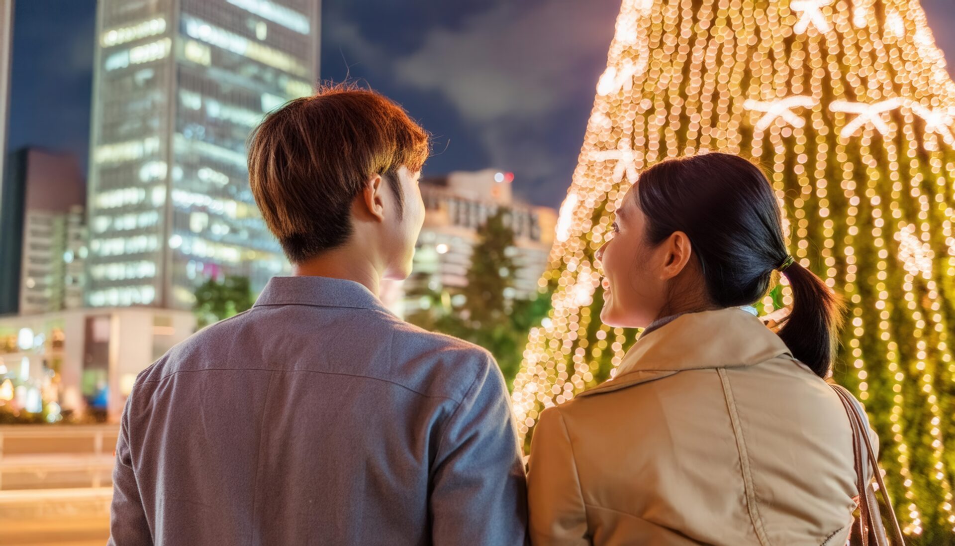 夜景でクリスマスツリーを眺めるカップル