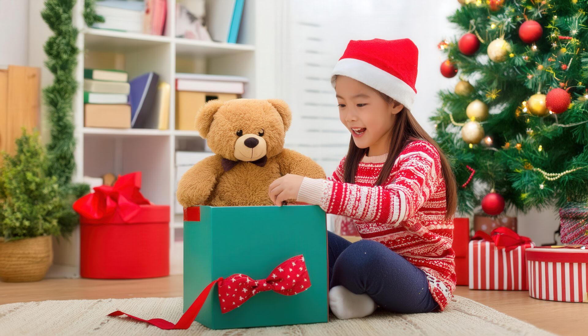 クリスマスツリーの前でプレゼントを開ける子ども