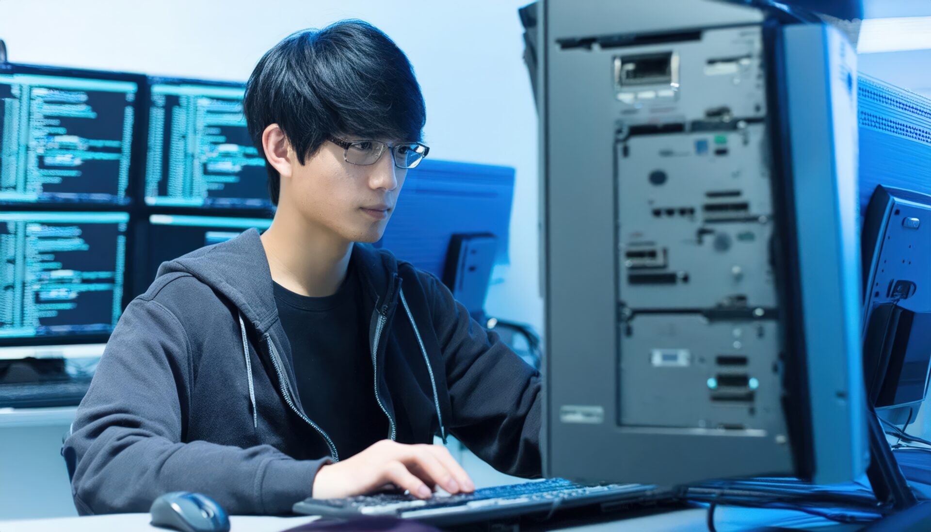 データセンター内で作業する男性