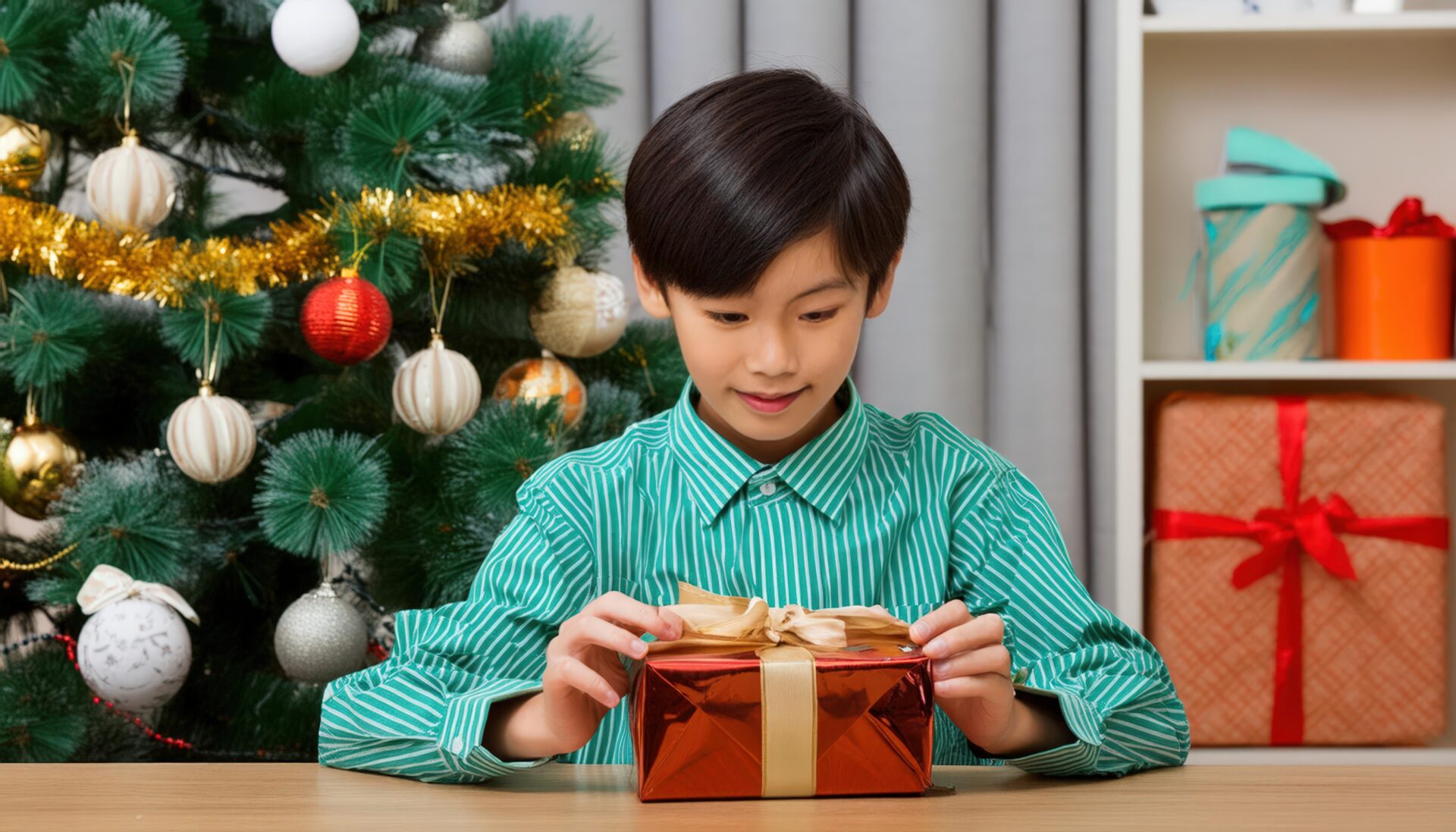 プレゼントを開ける子供とクリスマスツリー