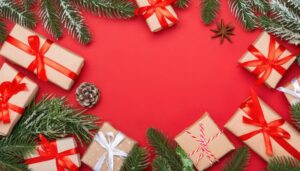 赤い背景とクリスマスプレゼント