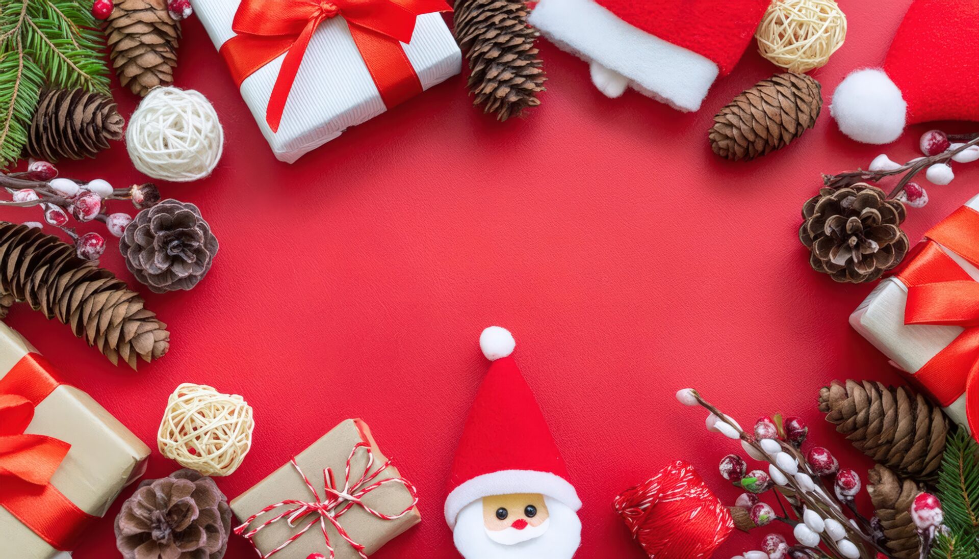 赤い背景とクリスマスの飾り付け