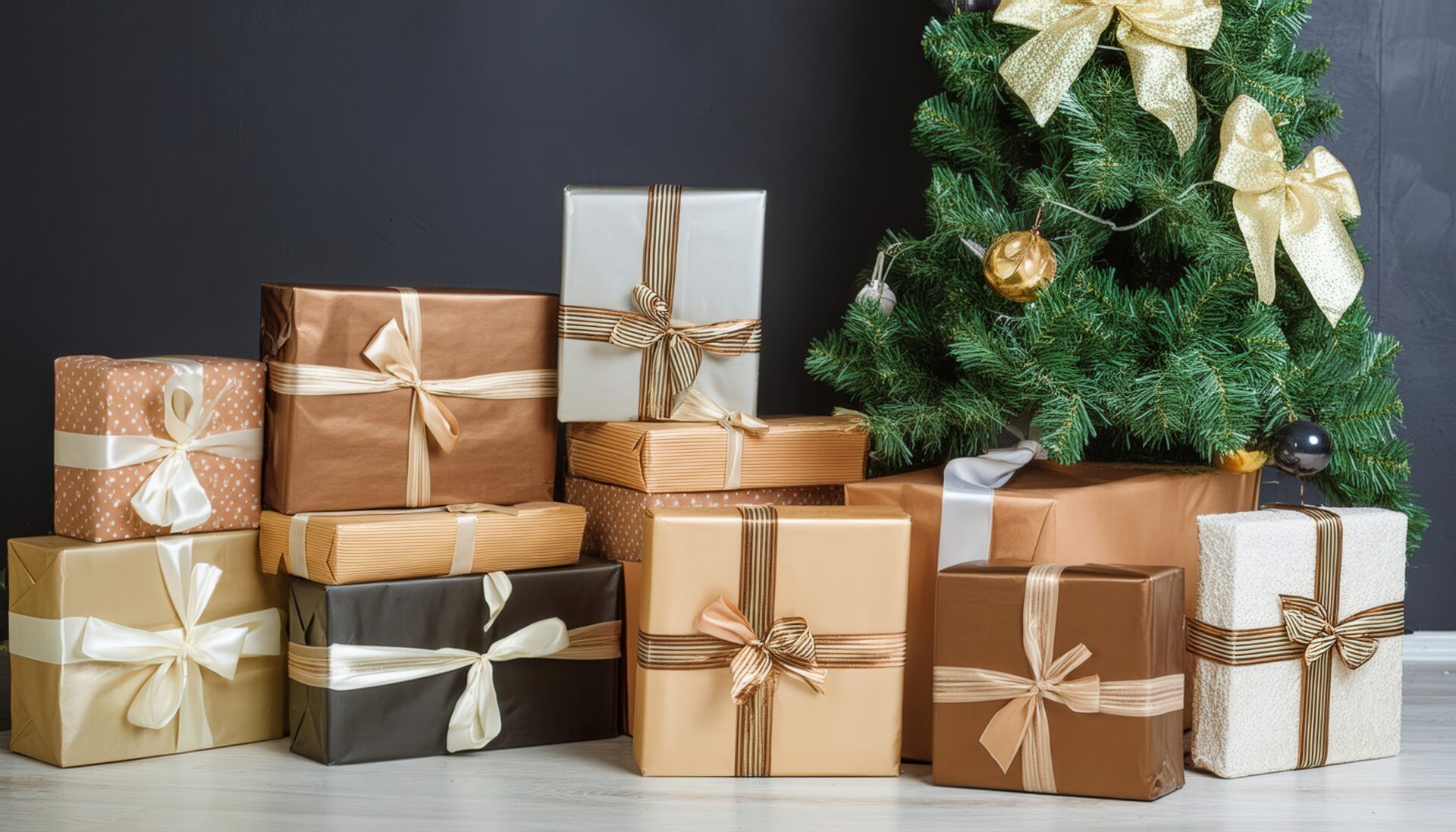 豪華にラッピングされたプレゼントとクリスマスツリー