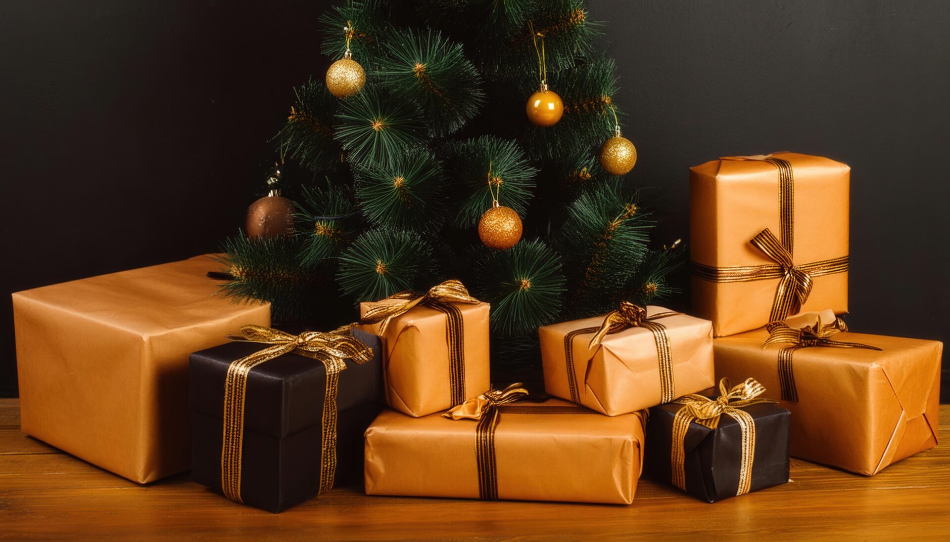 クリスマスツリーとゴールドラッピングのプレゼント