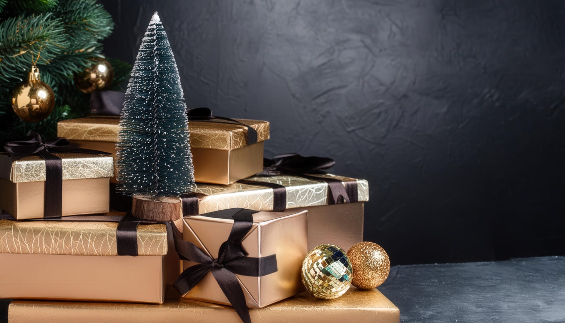 黒背景とゴールド装飾のクリスマスプレゼント