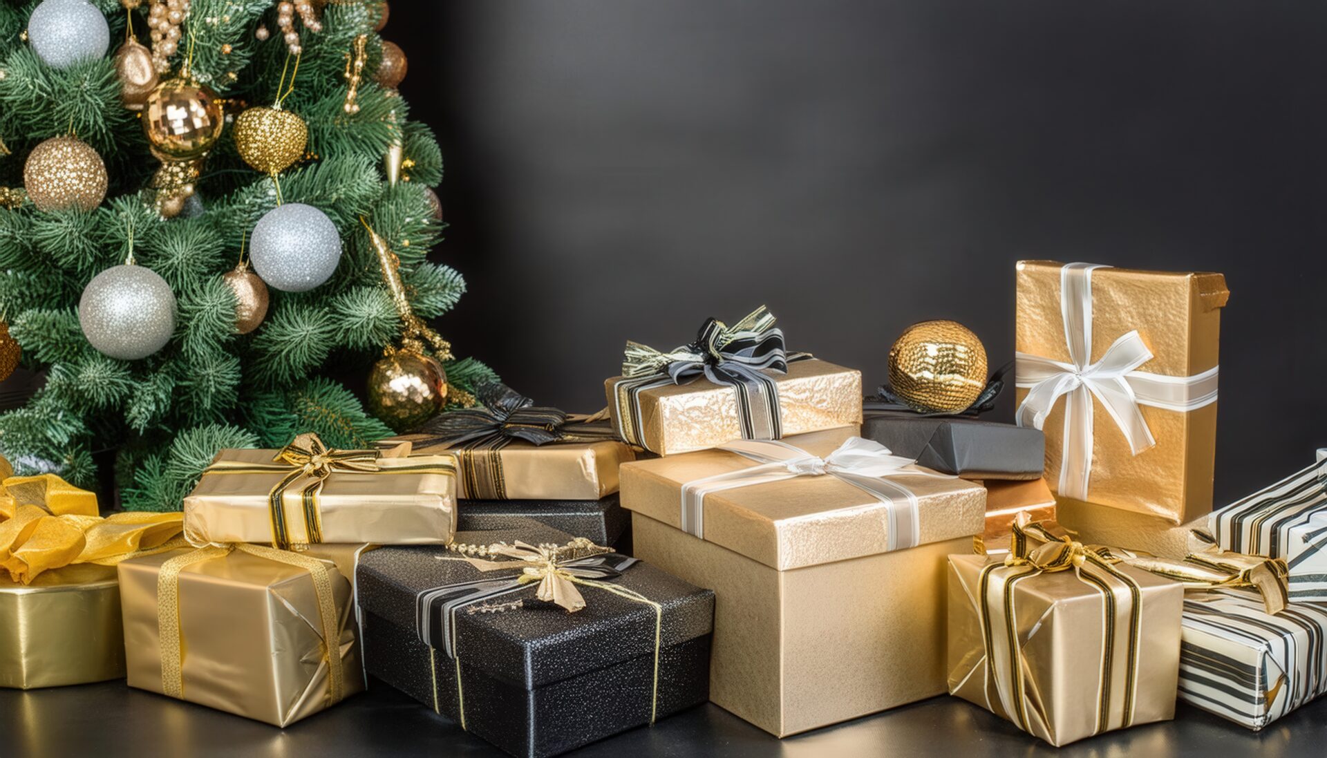 ゴールドと黒のプレゼントとツリー