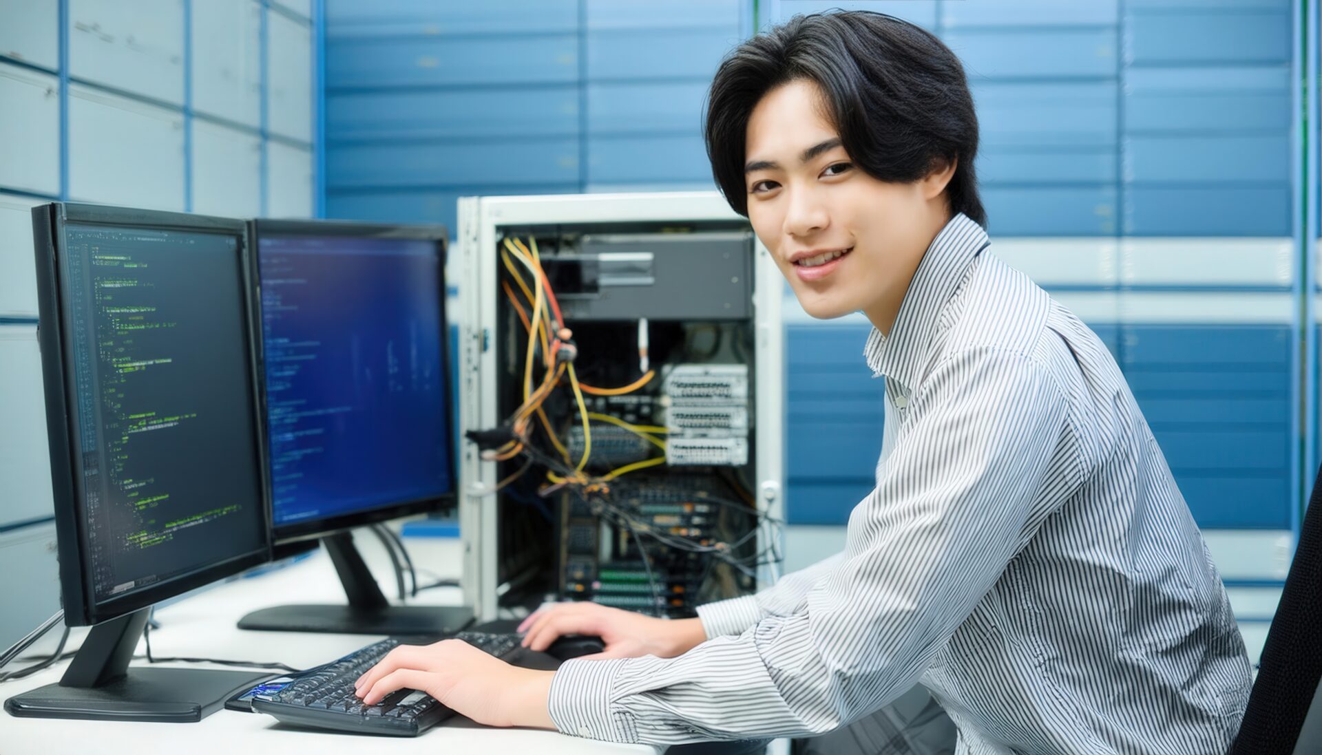 サーバールームで作業する若い男性エンジニア