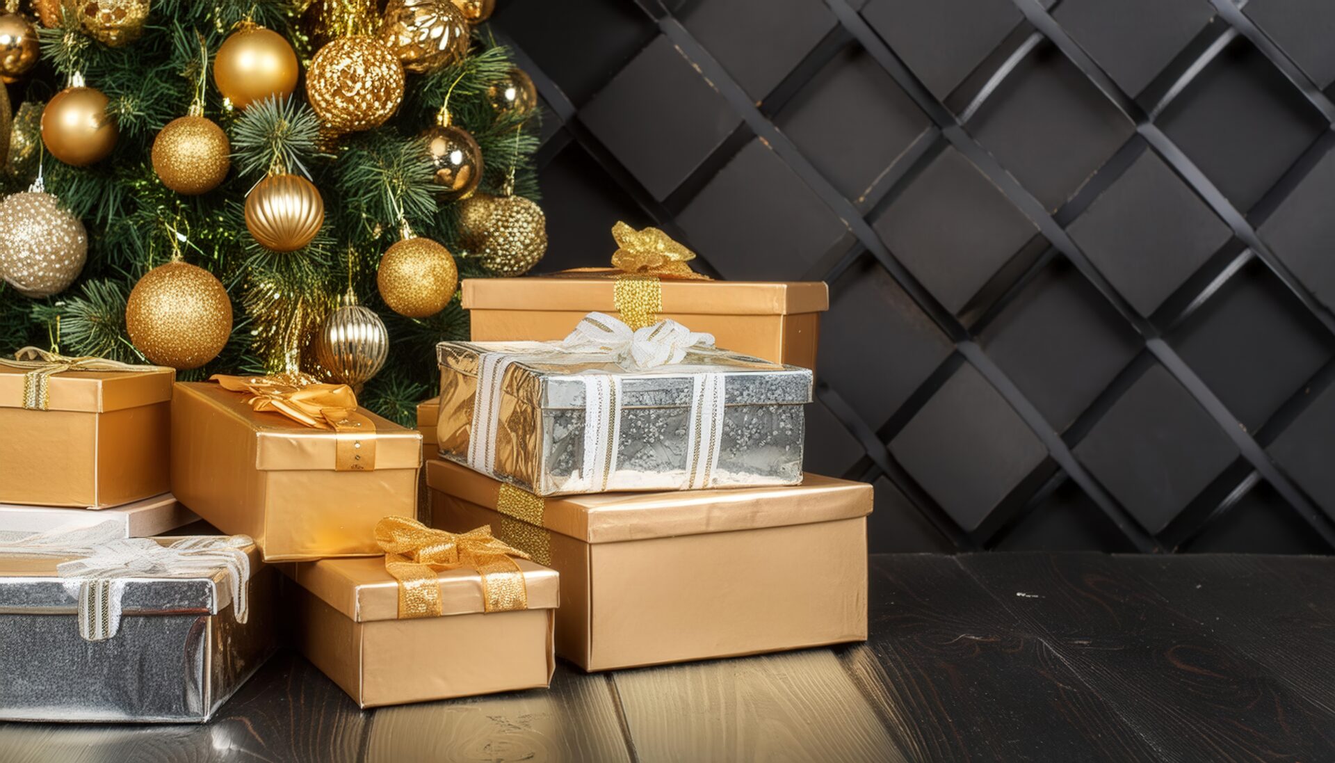 ゴールドとシルバーのギフトが並ぶツリー