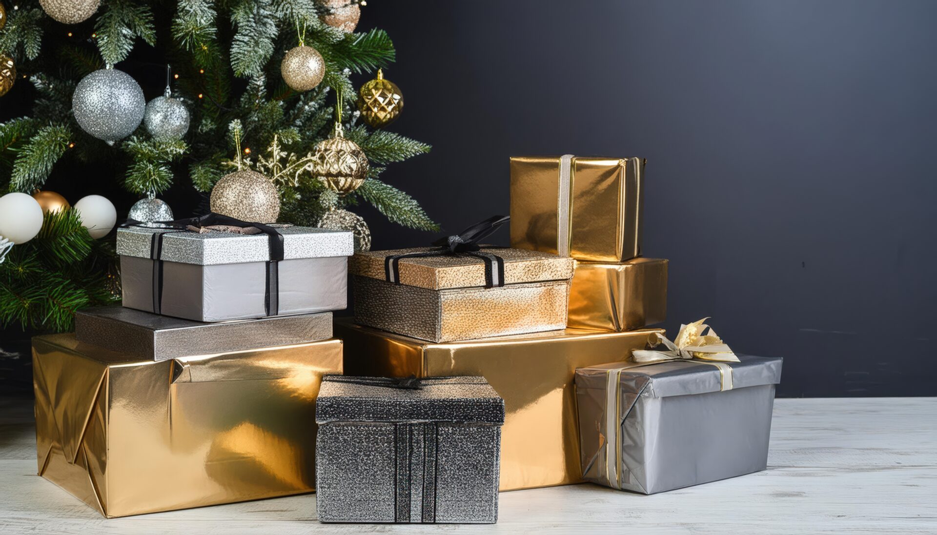 金色と銀色のギフトボックスとクリスマスツリー