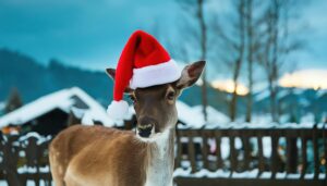 サンタ帽をかぶった鹿と冬の風景