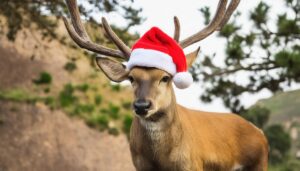 サンタ帽をかぶった鹿と木々