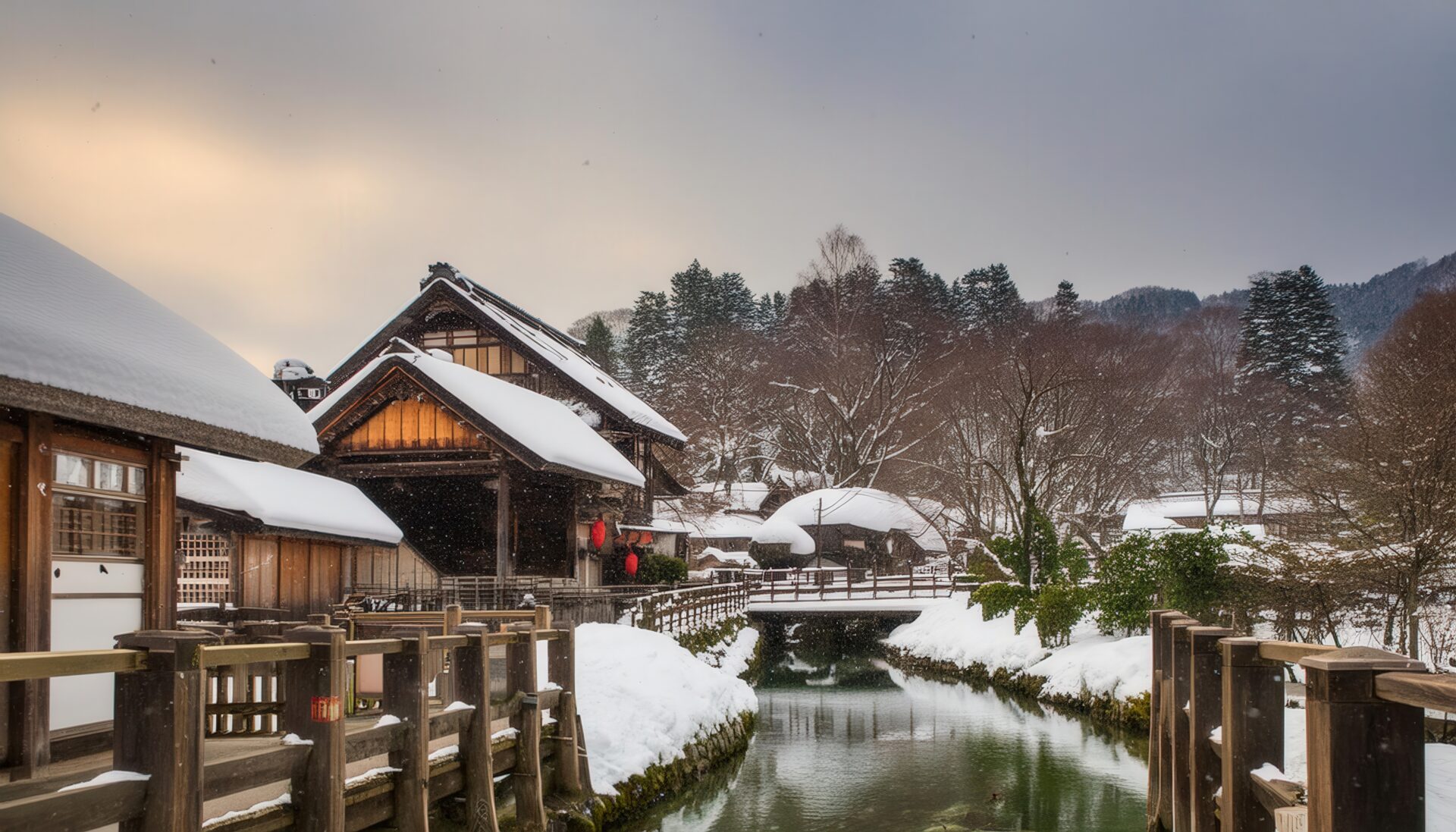 雪に覆われた日本の伝統的な町並み