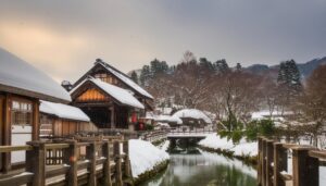 雪に覆われた日本の伝統的な町並み