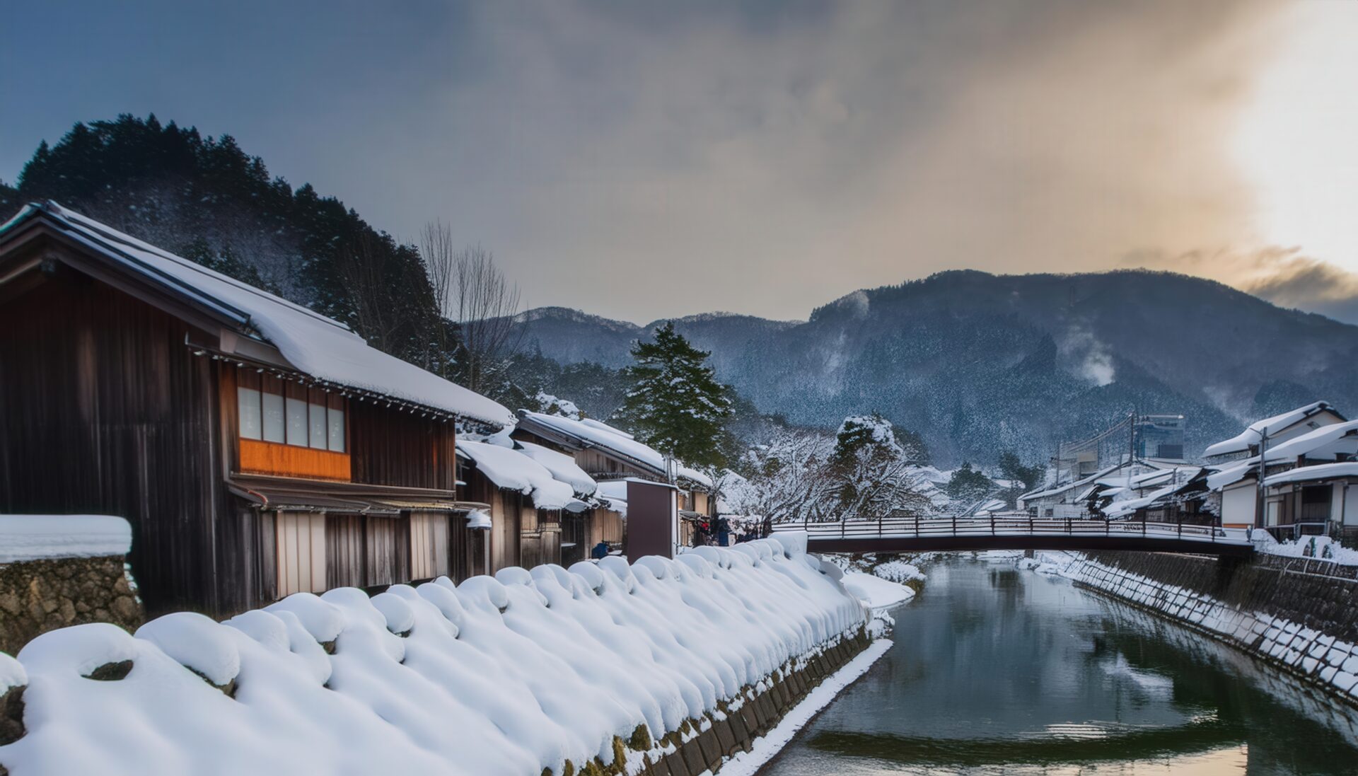 雪化粧をした川沿いの古い町並み