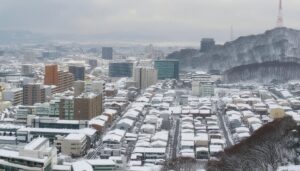 雪の降る日本の街並み
