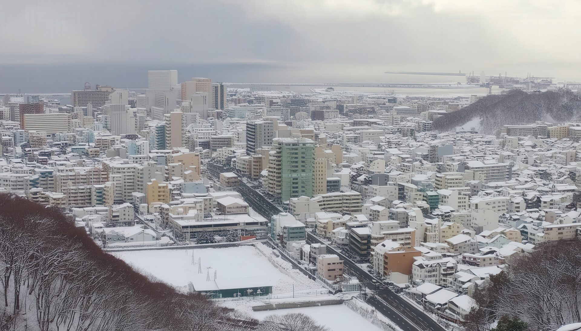 海沿いの都市と雪景色