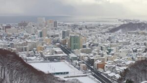 海沿いの都市と雪景色