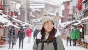 雪の中で微笑む女性