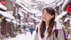 雪景色の日本の街並みで笑顔の女性